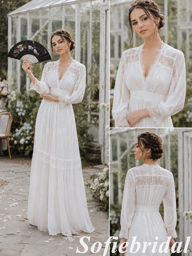 White Chiffon Lace Trim V-Neck Long Sleeve Wedding Dress, SFWD0090