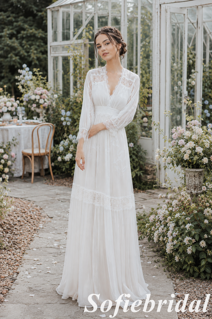 White Chiffon Lace Trim V-Neck Long Sleeve Wedding Dress, SFWD0090