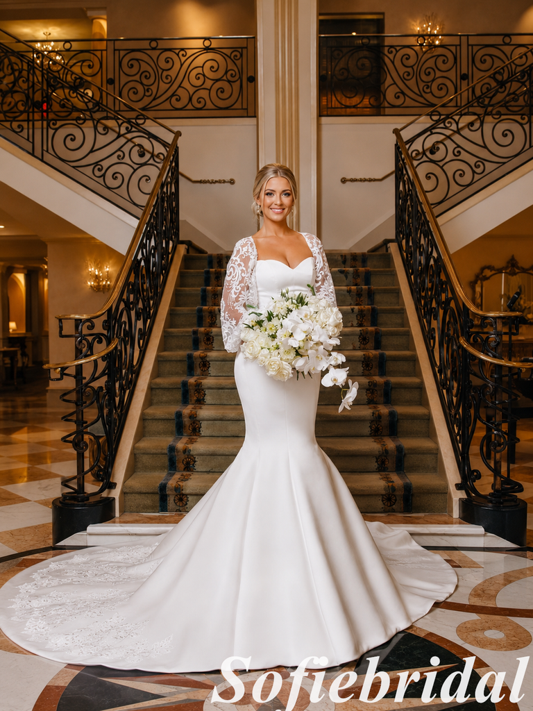 Satin Lace Long Sleeves Mermaid Wedding Dress, SFWD0092