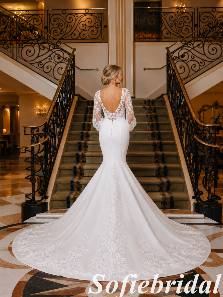 Satin Lace Long Sleeves Mermaid Wedding Dress, SFWD0092