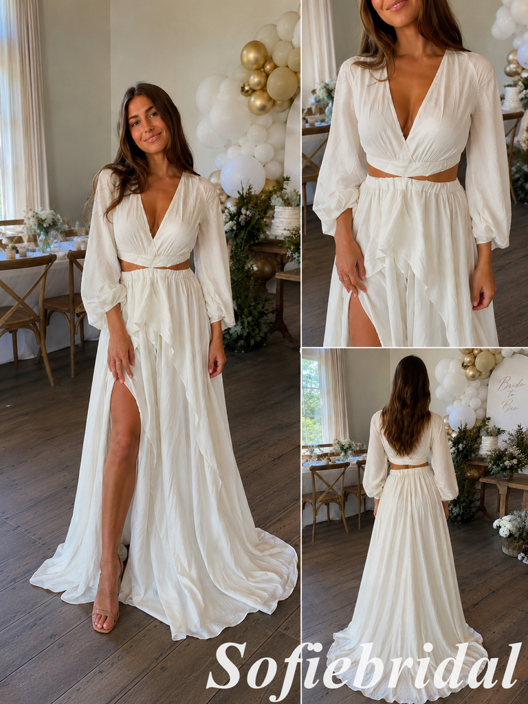 Two Pieces Ivory V-Neck Long Sleeve Flowy Bohemian Bridal Gown, SFWD0093