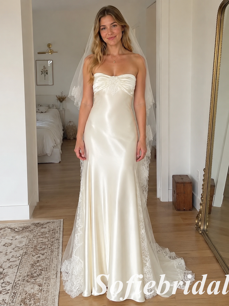 Soft Ivory Silk Satin Sweetheart Mermaid Bridal Dress Simple Wedding Gown, SFWD0095