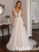 Light Nude Sparkle Tulle Lace Sleeveless Deep V A-Line Bridal Gown, SFWD0094
