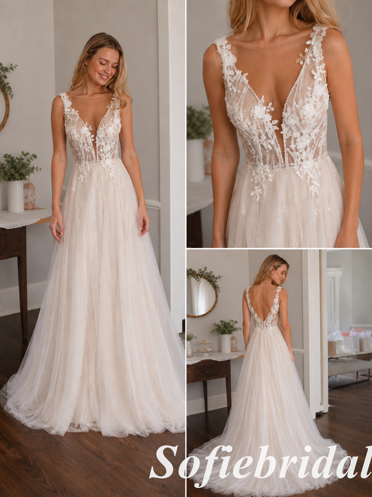 Light Nude Sparkle Tulle Lace Sleeveless Deep V A-Line Bridal Gown, SFWD0094