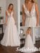 Light Nude Sparkle Tulle Lace Sleeveless Deep V A-Line Bridal Gown, SFWD0094