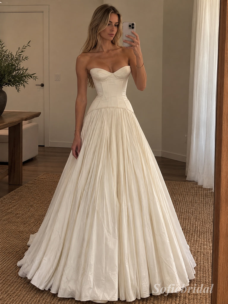 White Mikado Satin Strapless Sweetheart Neck Structured Corset Bodice Pleated Skirt Ball Gown Floor Length Bridal Dress, SFWD0100