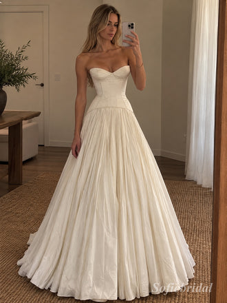 White Mikado Satin Strapless Sweetheart Neck Structured Corset Bodice Pleated Skirt Ball Gown Floor Length Bridal Dress, SFWD0100