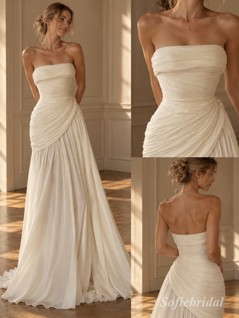 White Chiffon Strapless Tube Neck Draped Ruched Bodice Flowy A-Line Floor Length Wedding Dress, SFWD0101