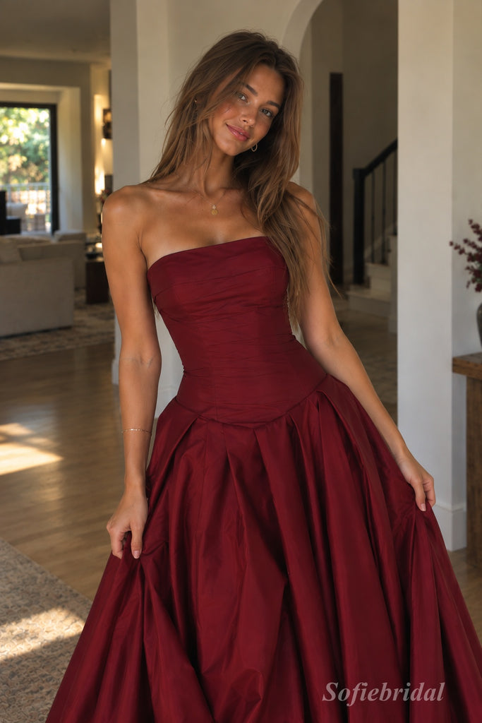 Burgundy Strapless Straight Neck Ruched Bodice Ball Gown Floor Length Evening Dress,PD13852