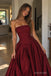 Burgundy Strapless Straight Neck Ruched Bodice Ball Gown Floor Length Evening Dress,PD13852