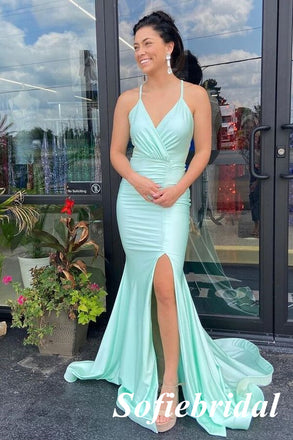 Sexy Soft Satin Spaghetti Straps V-Neck Sleeveless Mermaid Floor Length Prom Dress, PD01051