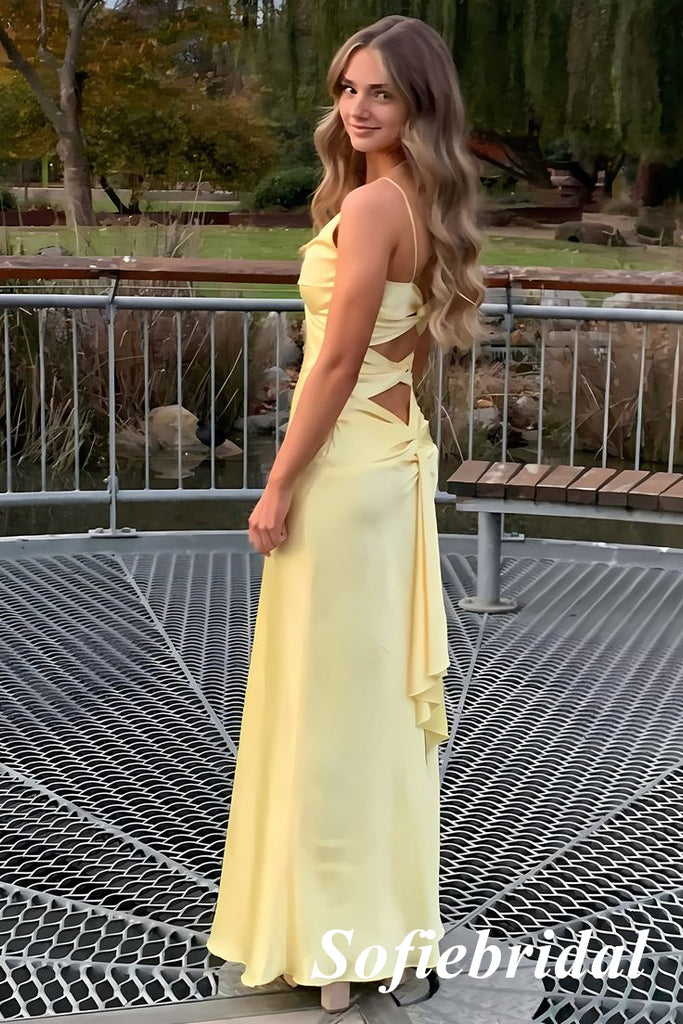 Simple Pale Yellow Twist Front V-Neck Satin Mermaid Maxi Dress with High Slit, PD01241