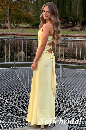 Simple Pale Yellow Twist Front V-Neck Satin Mermaid Maxi Dress with High Slit, PD01241