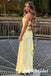 Simple Pale Yellow Twist Front V-Neck Satin Mermaid Maxi Dress with High Slit, PD01241