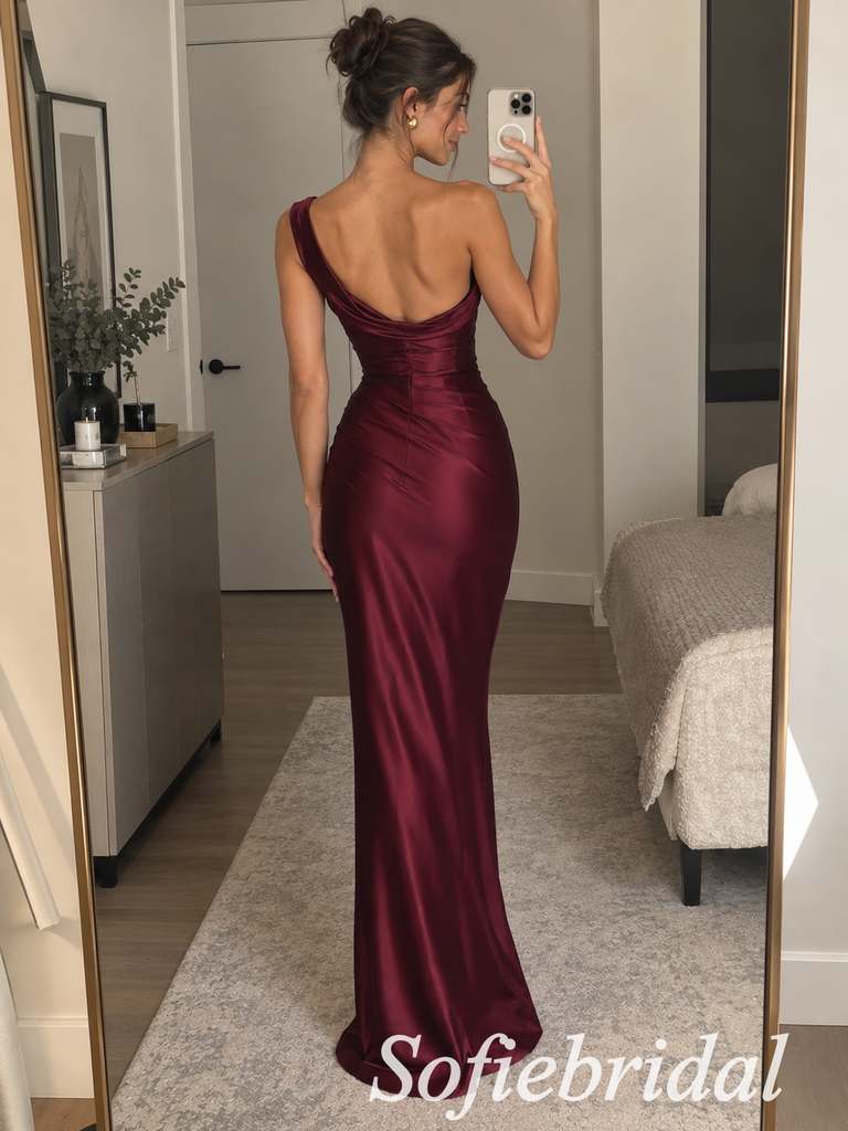 Burgundy Satin One Shoulder Draped Neck Pleated Waist Floor Length Mermaid Evening Gown, SFWG00718
