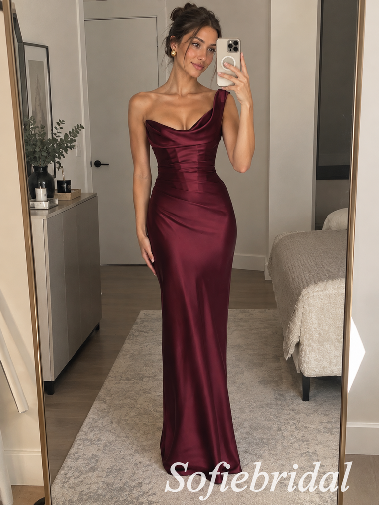 Burgundy Satin One Shoulder Draped Neck Pleated Waist Floor Length Mermaid Evening Gown, SFWG00718
