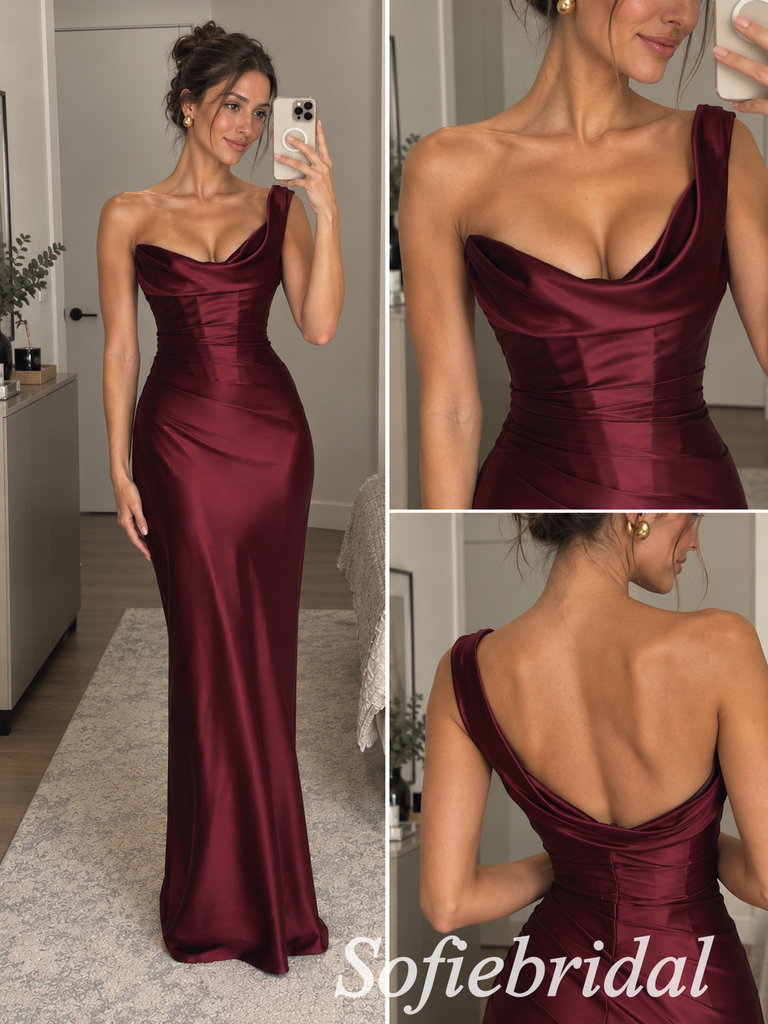 Burgundy Satin One Shoulder Draped Neck Pleated Waist Floor Length Mermaid Evening Gown, SFWG00718