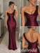 Burgundy Satin One Shoulder Draped Neck Pleated Waist Floor Length Mermaid Evening Gown, SFWG00718