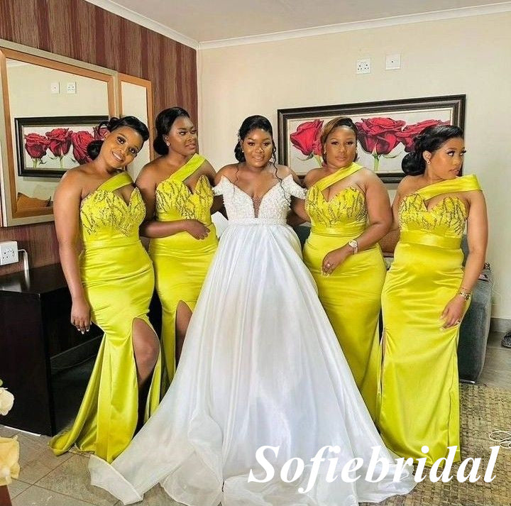 Sexy Soft Satin One Shoulder Sleeveless Side Slit Mermaid Floor Length Bridesmaid Dresses, SFWG00608