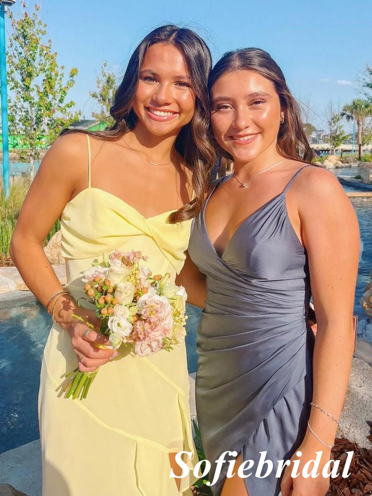 Pale Yellow Chiffon Ruffled Spaghetti Strap High Slit Maxi Dress for Prom, PD01244