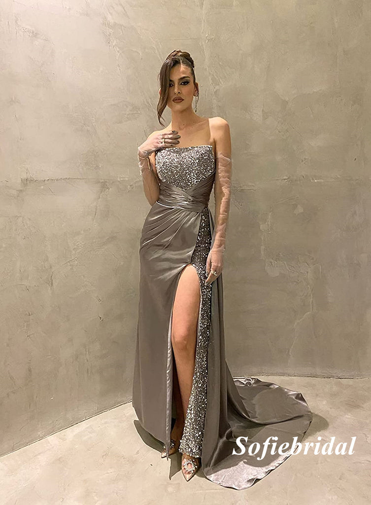 Sexy Soft Satin Sweetheart Side Slit Mermaid Long Prom Dresses, PD0947