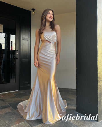 Sexy Elastic Satin One Shoulder Sleeveless Side Slit Long Prom Dresses, PD0970