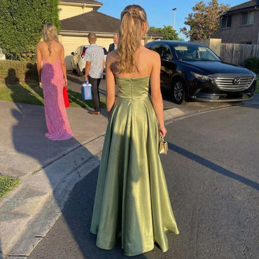 Elegant Olive Green Satin Strapless A-Line Ball Gown Prom Dress with Pleated Bodice, PD01240