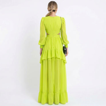 Lime Green V-Neck Long Sleeve Ruffled A-Line Maxi Dress with Cutout Waist, PD01239