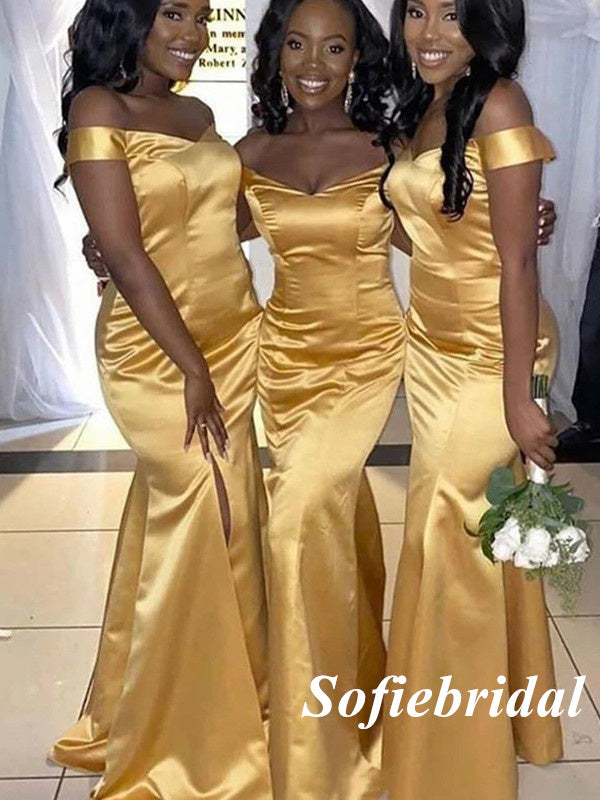 Sexy Soft Satin Off Shoulder V-Neck Mermaid Floor Length Bridesmaid Dresses, SFWG00581