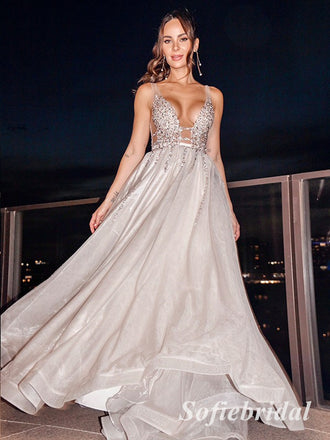 Sexy Spaghetti Straps V-Neck Sleeveless A-Line Long Prom Dresses With Beading, PD0901