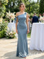 Dusty Blue Stretch Jersey One Shoulder Bow Ruched Waist Floor Length Sheath Bridesmaid Gown, PD1334