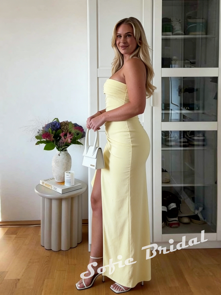Sexy Crepe Sweetheart Sleeveless Ruffled Split Sheath Maxi Prom Dress, PD01174