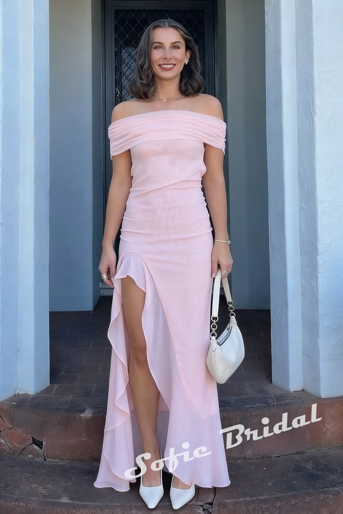 Sexy Chiffon Off Shoulder Sleeveless Ruffled Split A-Line Maxi Prom Dress/Graduation Dresses, PD01177