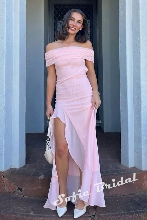 Sexy Chiffon Off Shoulder Sleeveless Ruffled Split A-Line Maxi Prom Dress/Graduation Dresses, PD01177