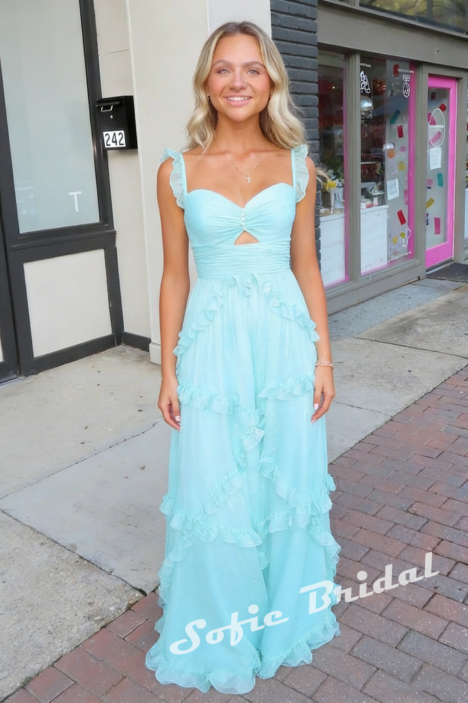 Sexy Chiffon Spaghetti Straps Sleeveless Ruffled A-Line Maxi Prom Dress/Graduation Dresses, PD01178