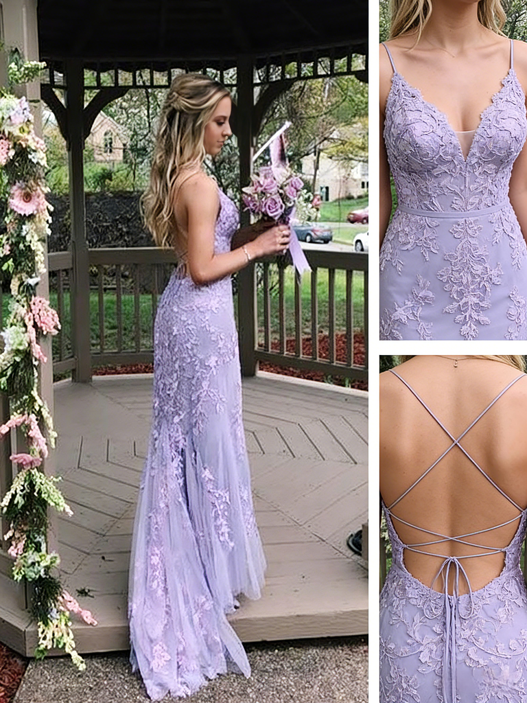 Elegant Tulle Lace Spaghetti Straps V-Neck Sleeveless Mermaid Maxi Prom Dress/Graduation Dresses, PD01181