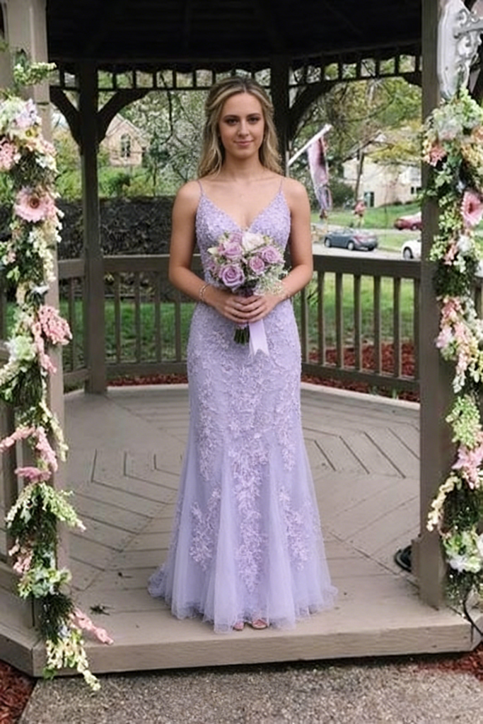 Elegant Tulle Lace Spaghetti Straps V-Neck Sleeveless Mermaid Maxi Prom Dress/Graduation Dresses, PD01181