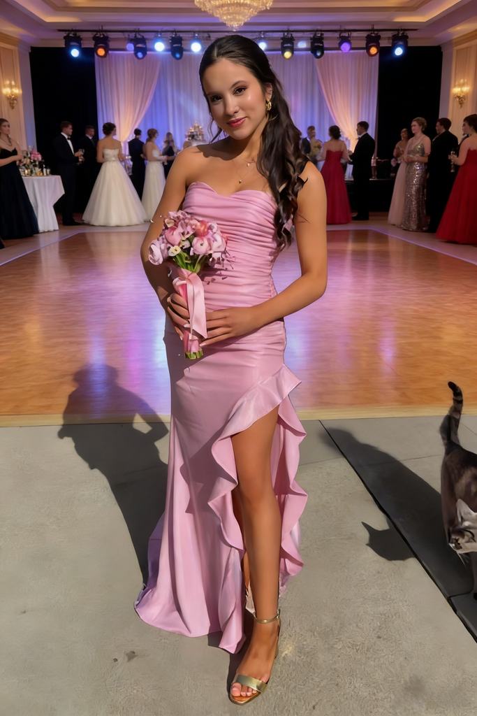 Sexy Soft Satin Sweetheart Sleeveless Ruffled Side Slit Mermaid Maxi Prom Dress/Graduation Dresses, PD01184