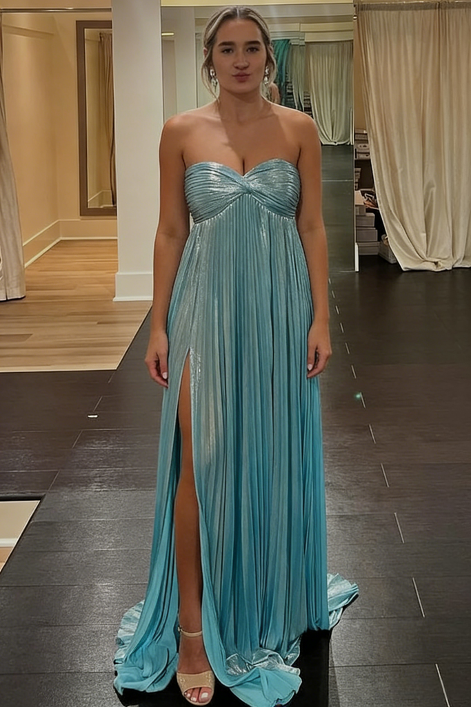 Shiny Metallic Stretch Shiny Fabric Sweetheart Sleeveless Side Slit Ruched A-Line Maxi Prom Dress/Graduation Dresses, PD01189
