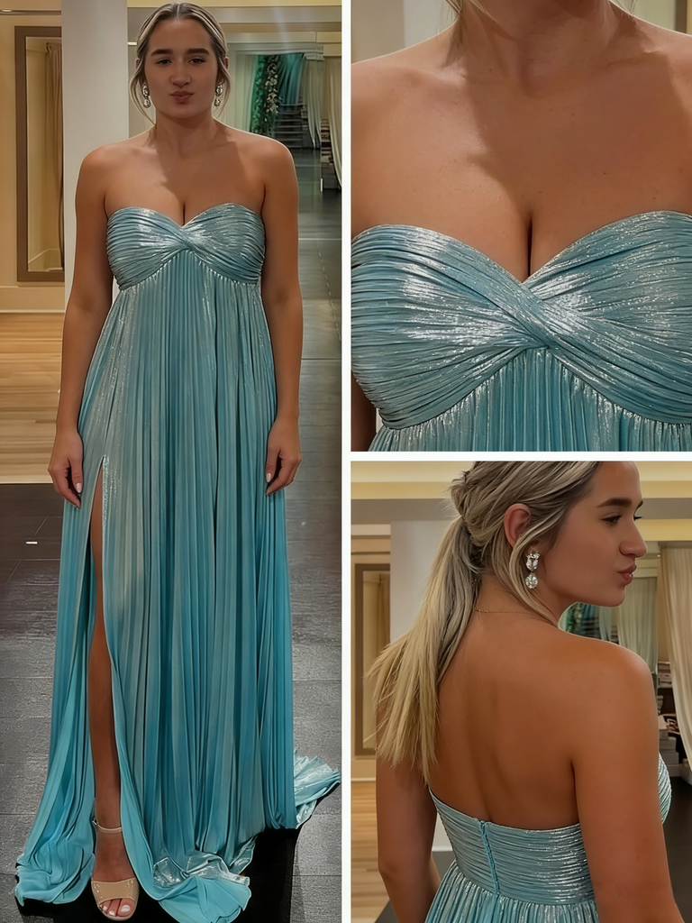 Shiny Metallic Stretch Shiny Fabric Sweetheart Sleeveless Side Slit Ruched A-Line Maxi Prom Dress/Graduation Dresses, PD01189