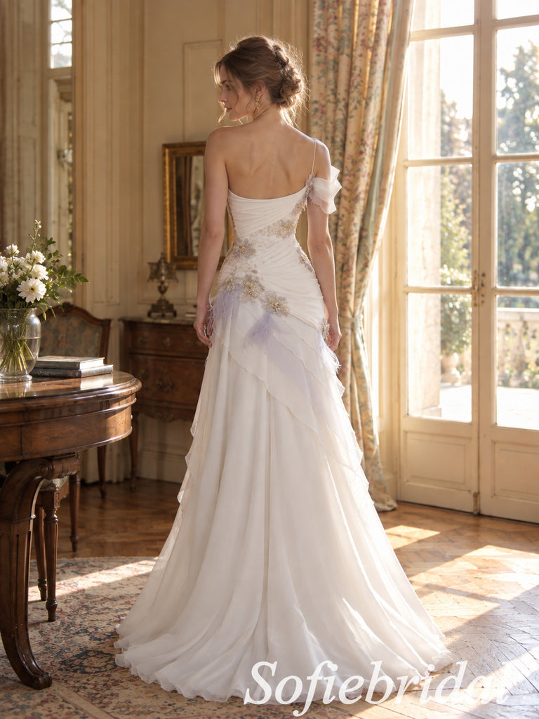 Ivory Chiffon Beaded Floral Applique Off Shoulder Open Back A-Line Wedding Dress,PD1346