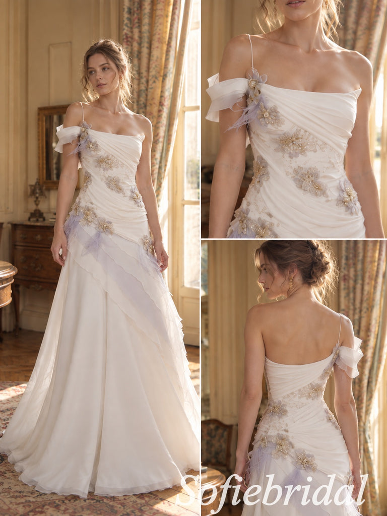 Ivory Chiffon Beaded Floral Applique Off Shoulder Open Back A-Line Wedding Dress,PD1346