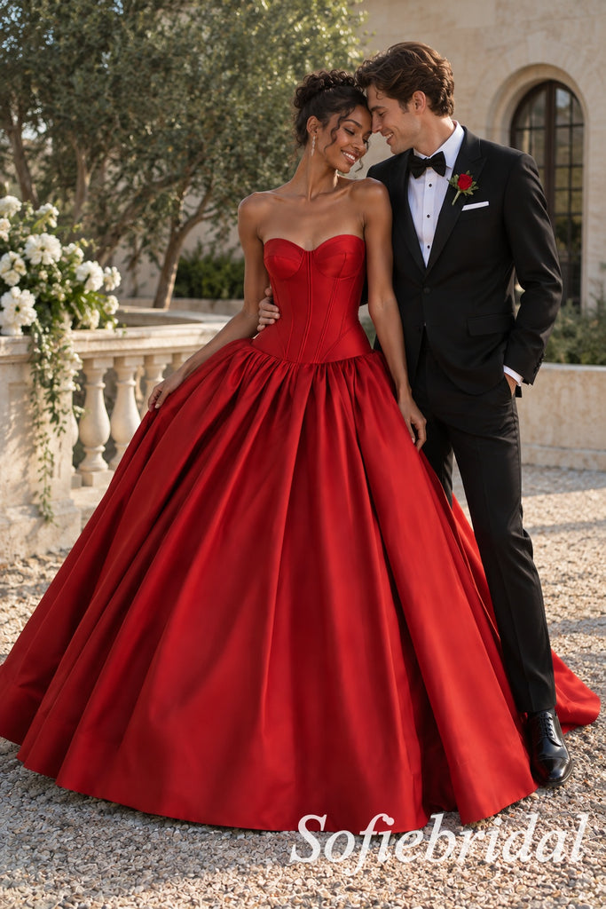 Stunning Red Satin Strapless Corsed Waist Full A-Line Ball Gown With Sweep Train,PD1339