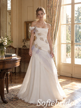 Ivory Chiffon Beaded Floral Applique Off Shoulder Open Back A-Line Wedding Dress,PD1346