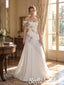 Ivory Chiffon Beaded Floral Applique Off Shoulder Open Back A-Line Wedding Dress,PD1346