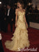 Butter Yellow Tulle Gold Floral Embroidery Off Shoulder Open Back Tiered Mermaid Evening Gown,PD1347