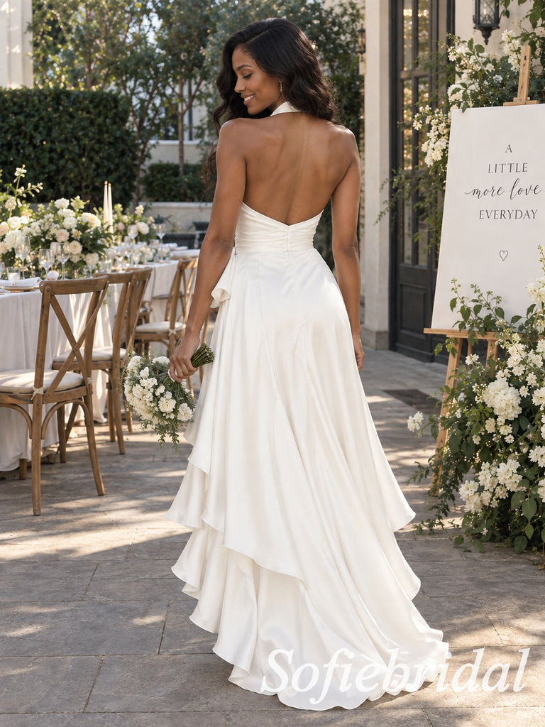Romantic Ivory Satin Halter Deep V Open Back Ruched High Low Prom Dress,PD1340