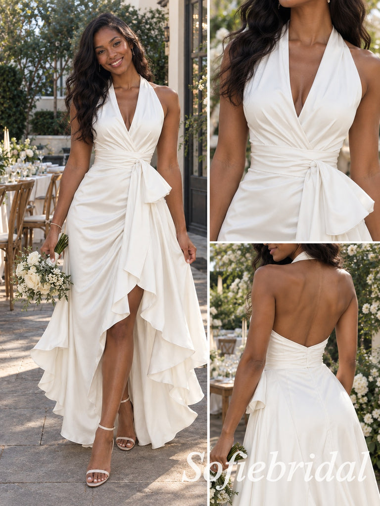 Romantic Ivory Satin Halter Deep V Open Back Ruched High Low Prom Dress,PD1340
