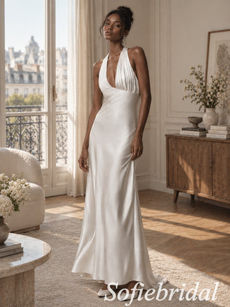 Ivory Satin Pleated Halter Deep V Open Back Floor Length Column Wedding Dress,PD1349
