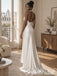 Ivory Satin Pleated Halter Deep V Open Back Floor Length Column Wedding Dress,PD1349